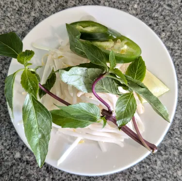 A plate of herbs used to top beef noodle soup