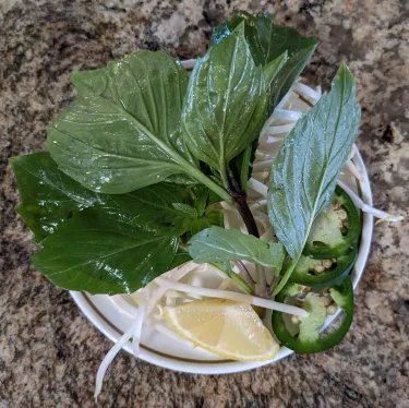 A plate of herbs used to top beef noodle soup