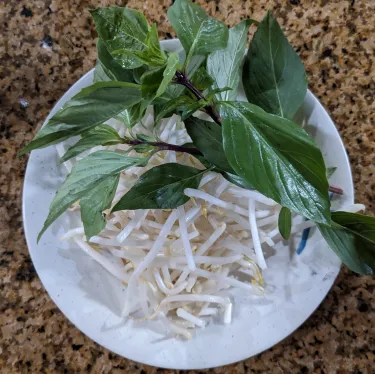 A plate of herbs used to top beef noodle soup